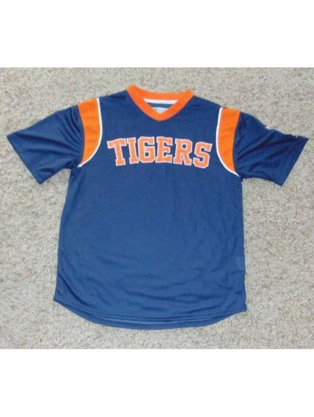 True Fan Detroit Tigers Baseball Shirt M Mens MLB Blue Orange Short Sleeve Vneck